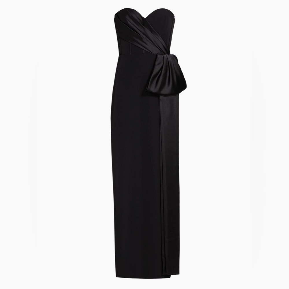Saks Strapless Black Satin-Detailed Maxi Gown